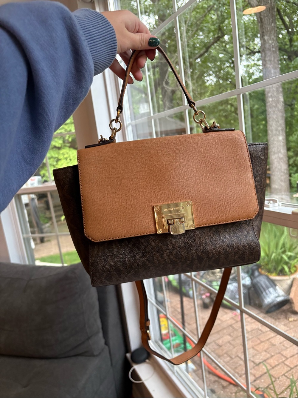 Michael Kors Tina Medium Brown Logo and Tan Leather Top-Handle Satchel
